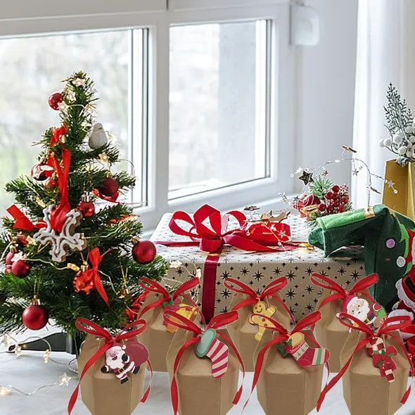 24 Pcs Christmas Gift Boxes With Ribbon And Cards Cartoon Santa Claus Reindeer Snowman Pattern Box Paper Cookies Candy Treat Boxes For Christmas Party Favor Supplies