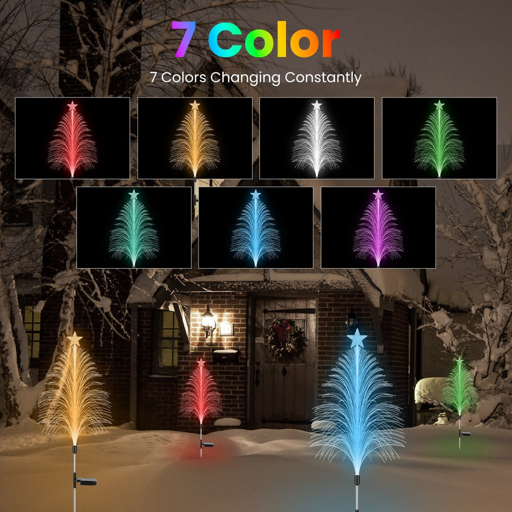 7 Color Changing Solar Christmas Tree Lights Outdoor Optical Fiber Tree Lights With Topper Star IP44 Waterproof For Garden Yard Pathway Lawn - Pack of 4