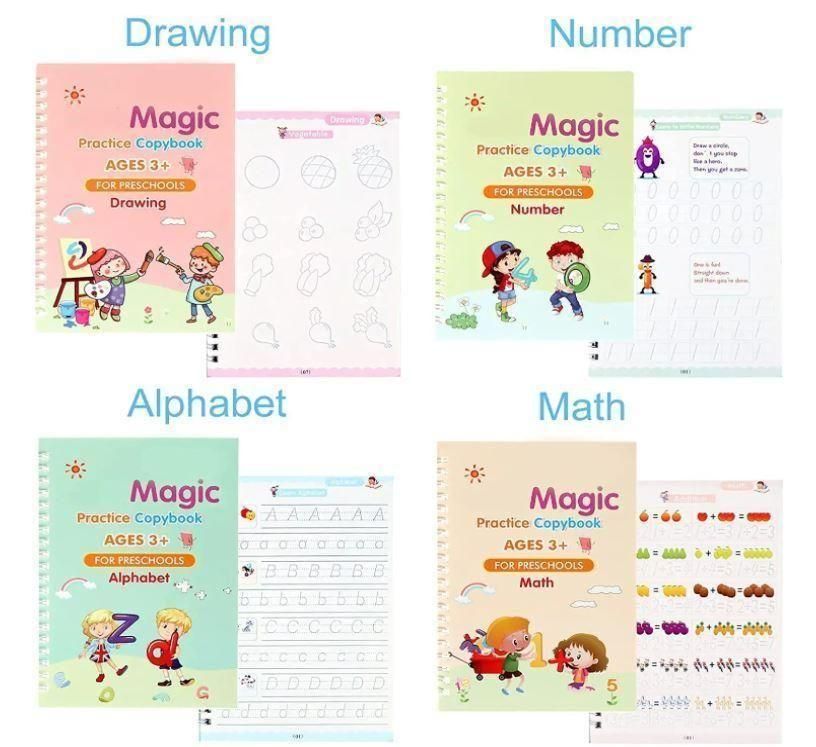 Magic Reusable Copybook Set for Kids - 8 Books + 20 Refills + 2 Pens + 2 Grips (Pack of 2)