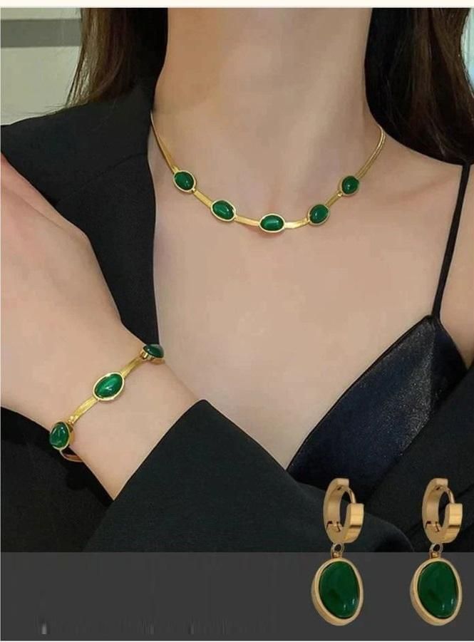 Oval Green Crystal Pendant Necklace Set with Bracelet - Gold Plated Jewellery for Women