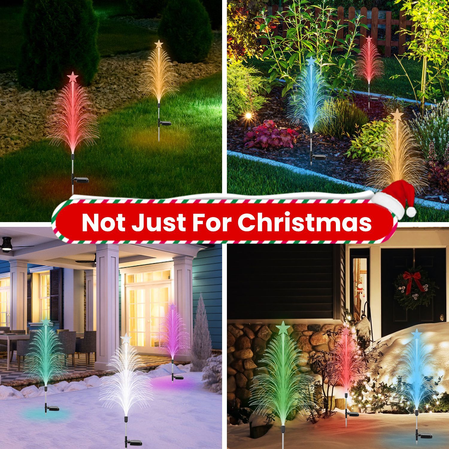 7 Color Changing Solar Christmas Tree Lights Outdoor Optical Fiber Tree Lights With Topper Star IP44 Waterproof For Garden Yard Pathway Lawn - Pack of 4
