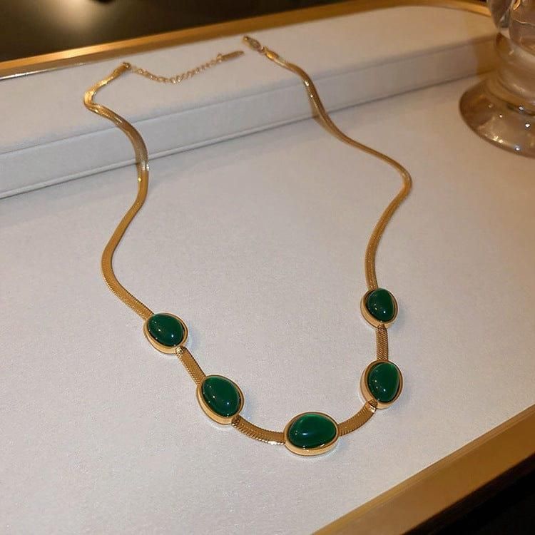 Oval Green Crystal Pendant Necklace Set with Bracelet - Gold Plated Jewellery for Women