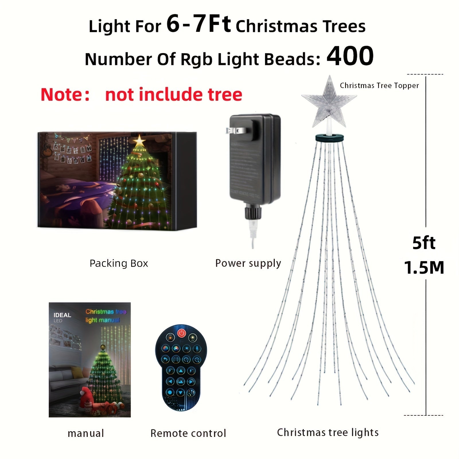 5-Foot Smart Christmas Tree With Lights - 400 LED Lights, Remote And App Control - Music Sync, 11 Modes - Green Wiring, Suitable For Artificial Trees - Multi-Color And Warm White, Indoor Outdoor Use